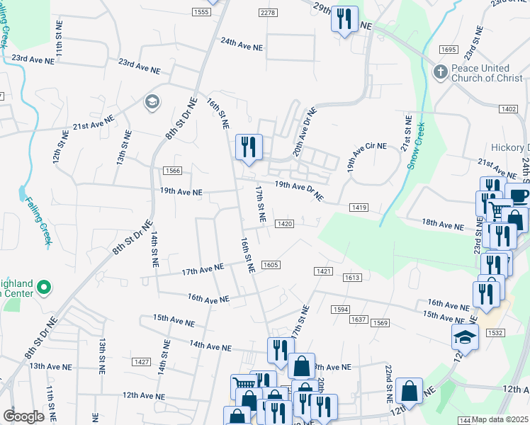 map of restaurants, bars, coffee shops, grocery stores, and more near 1822 17th Street Northeast in Hickory