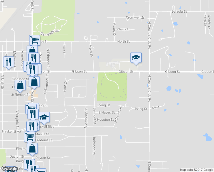 map of restaurants, bars, coffee shops, grocery stores, and more near 3131 Gibson Street in Muskogee