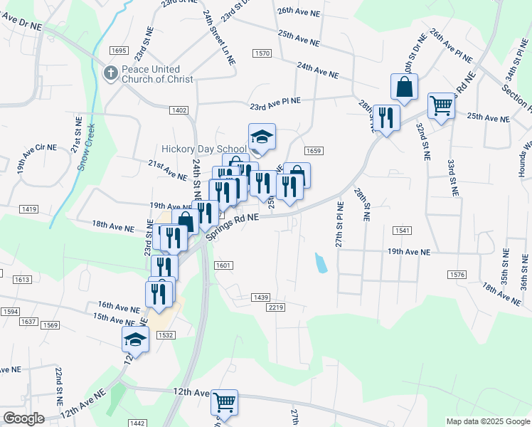 map of restaurants, bars, coffee shops, grocery stores, and more near 2543 Springs Road Northeast in Hickory