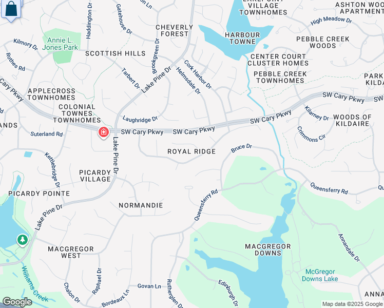 map of restaurants, bars, coffee shops, grocery stores, and more near 302 King George Loop in Cary