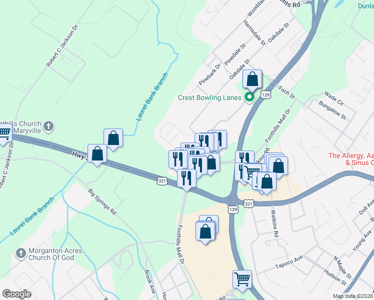 map of restaurants, bars, coffee shops, grocery stores, and more near 719 Casey Lane in Maryville