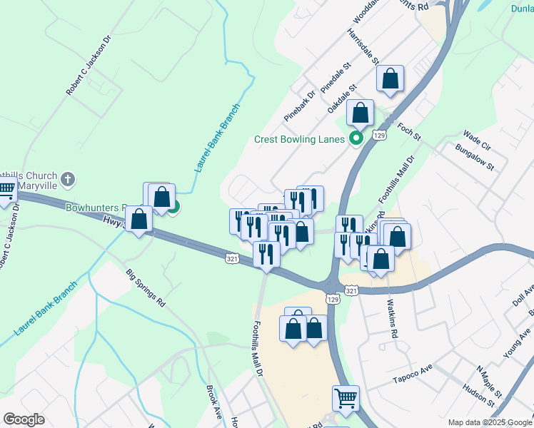 map of restaurants, bars, coffee shops, grocery stores, and more near 727 Casey Lane in Maryville