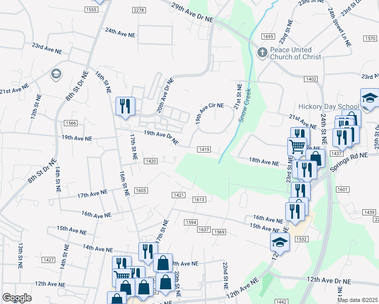 map of restaurants, bars, coffee shops, grocery stores, and more near 1970 19th Avenue Drive Northeast in Hickory