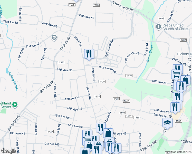 map of restaurants, bars, coffee shops, grocery stores, and more near 1822 17th Street Northeast in Hickory
