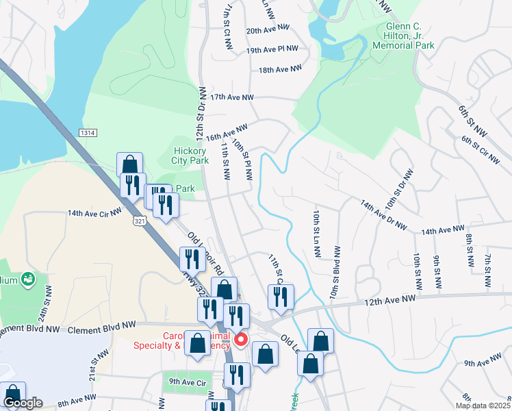 map of restaurants, bars, coffee shops, grocery stores, and more near 1420 11th Street Drive Northwest in Hickory