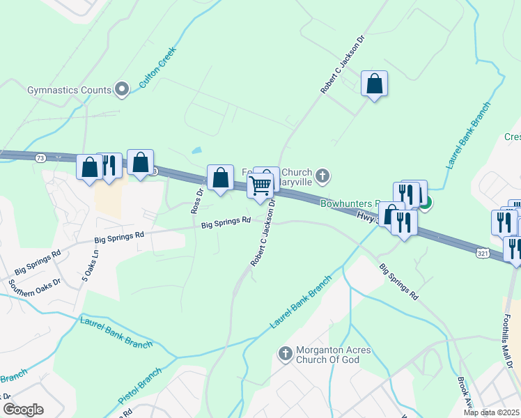 map of restaurants, bars, coffee shops, grocery stores, and more near 1714 West Lamar Alexander Parkway in Maryville