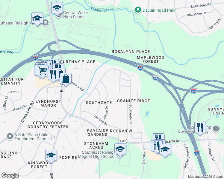 map of restaurants, bars, coffee shops, grocery stores, and more near 1913 Atkins Drive in Raleigh