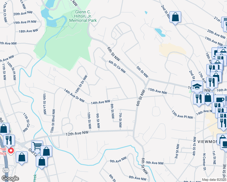 map of restaurants, bars, coffee shops, grocery stores, and more near 735 15th Avenue Northwest in Hickory