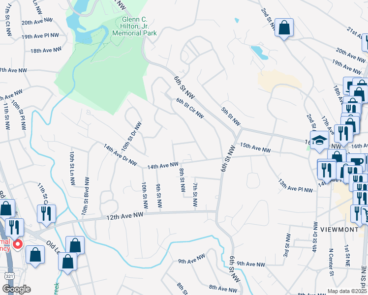 map of restaurants, bars, coffee shops, grocery stores, and more near 735 15th Avenue Northwest in Hickory