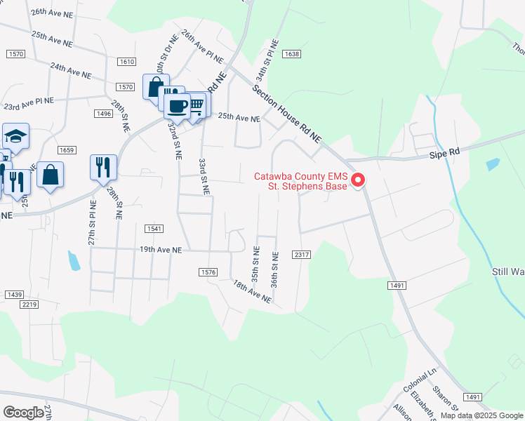 map of restaurants, bars, coffee shops, grocery stores, and more near 2050 35th Street Northeast in Hickory