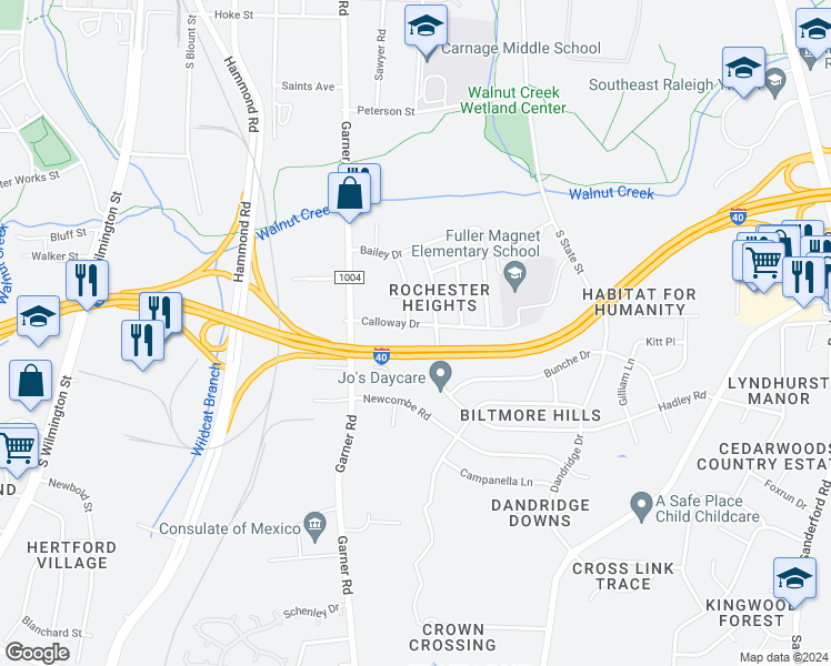 map of restaurants, bars, coffee shops, grocery stores, and more near 604 Calloway Drive in Raleigh