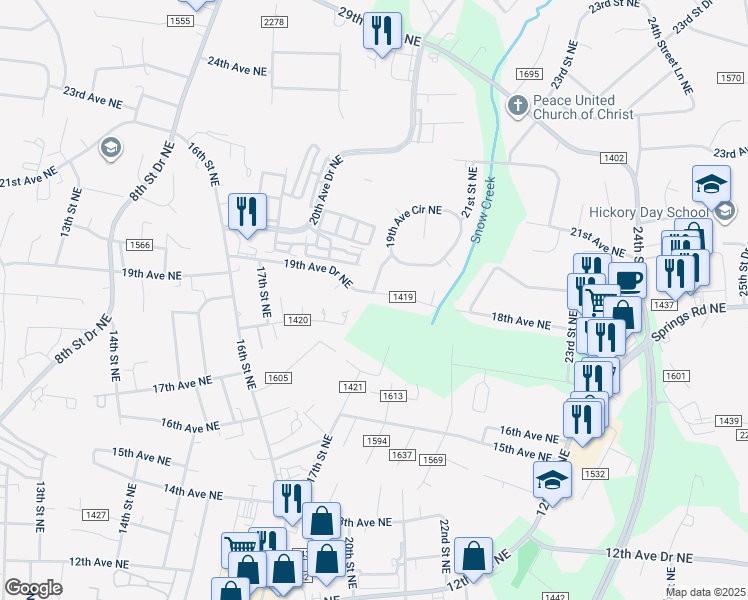 map of restaurants, bars, coffee shops, grocery stores, and more near 1970 19th Avenue Drive Northeast in Hickory
