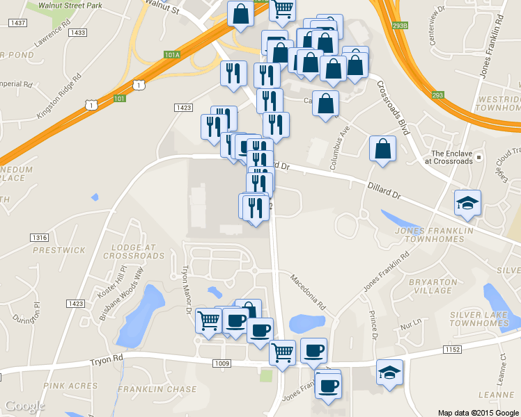 map of restaurants, bars, coffee shops, grocery stores, and more near 2310 Walnut Street in Cary