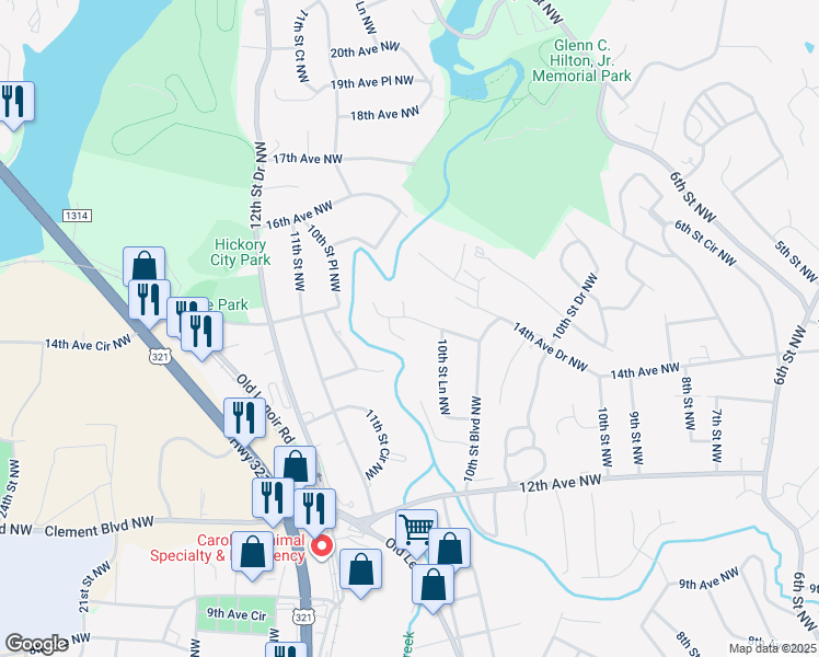 map of restaurants, bars, coffee shops, grocery stores, and more near 1080 12th Avenue Lane Northwest in Hickory