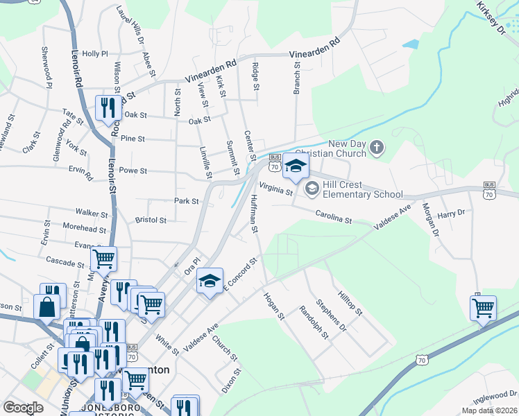 map of restaurants, bars, coffee shops, grocery stores, and more near 314 Huffman Street in Morganton