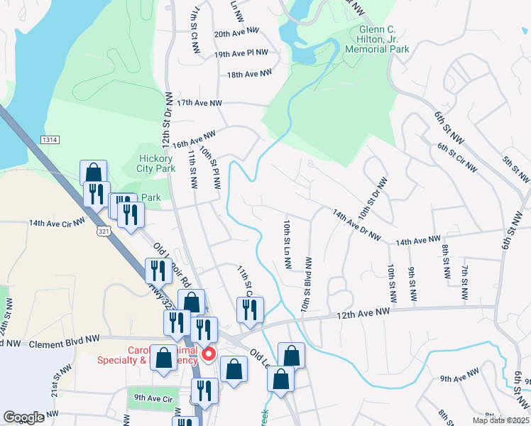 map of restaurants, bars, coffee shops, grocery stores, and more near 1080 12th Avenue Lane Northwest in Hickory