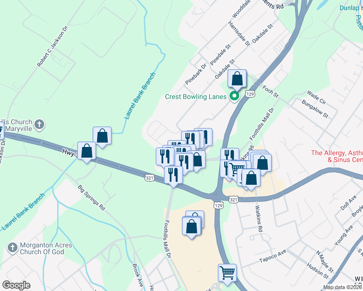 map of restaurants, bars, coffee shops, grocery stores, and more near 727 Casey Lane in Maryville