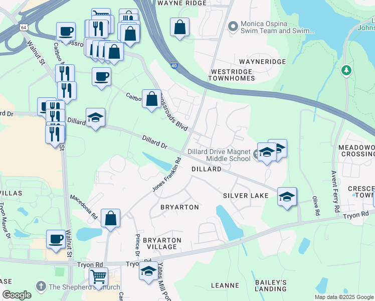 map of restaurants, bars, coffee shops, grocery stores, and more near 1915 Jones Franklin Road in Raleigh