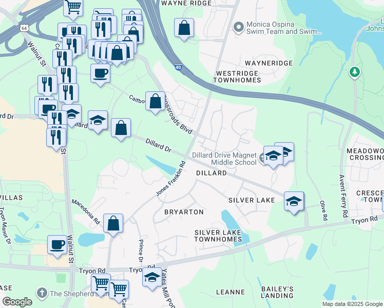 map of restaurants, bars, coffee shops, grocery stores, and more near 1915 Jones Franklin Road in Raleigh