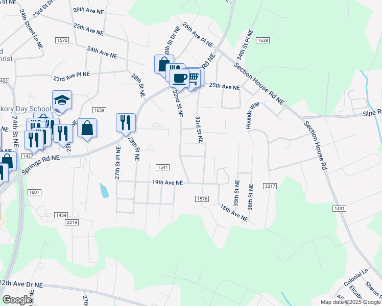 map of restaurants, bars, coffee shops, grocery stores, and more near 3261 20th Avenue Northeast in Hickory