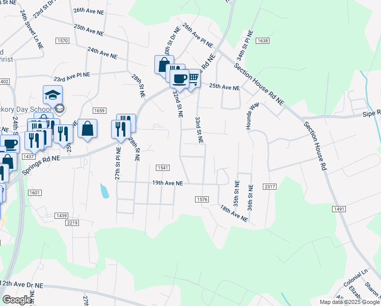 map of restaurants, bars, coffee shops, grocery stores, and more near 3261 20th Avenue Northeast in Hickory