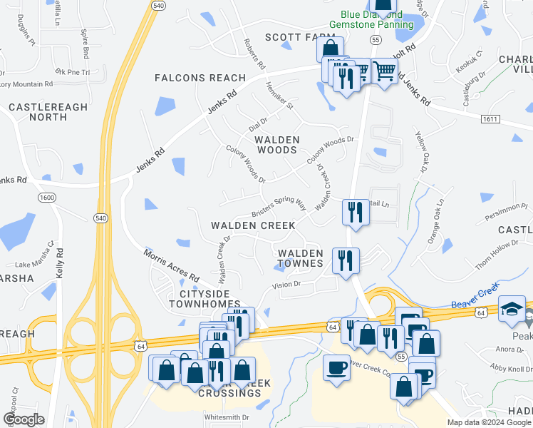 map of restaurants, bars, coffee shops, grocery stores, and more near 1709 Walden Meadow Drive in Apex
