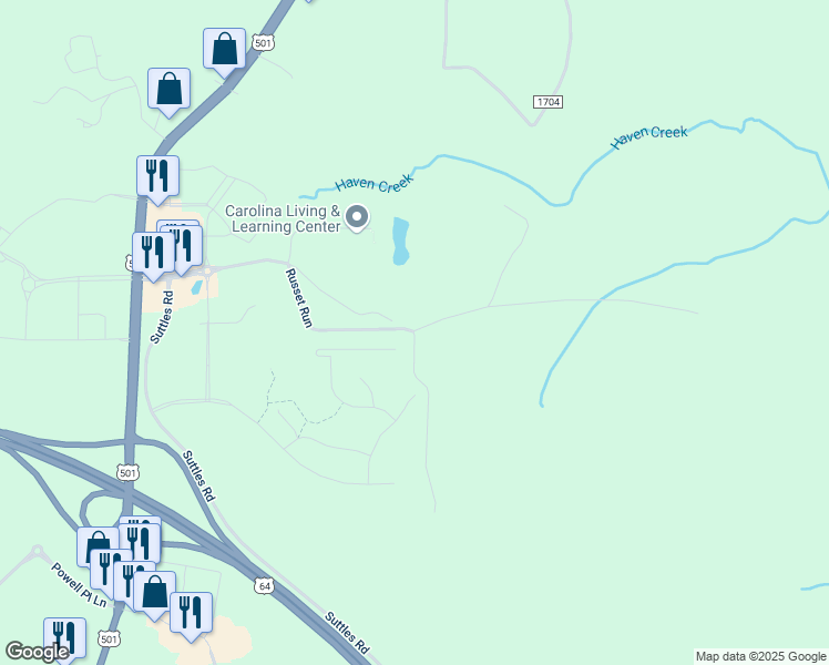 map of restaurants, bars, coffee shops, grocery stores, and more near 695 Russet Run in Pittsboro