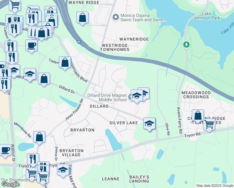 map of restaurants, bars, coffee shops, grocery stores, and more near 3176 Calumet Drive in Raleigh