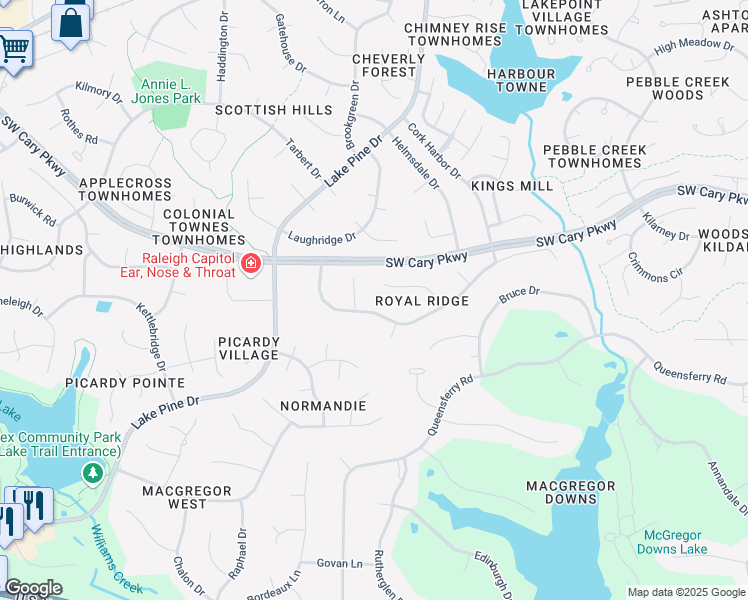 map of restaurants, bars, coffee shops, grocery stores, and more near 314 King George Loop in Cary