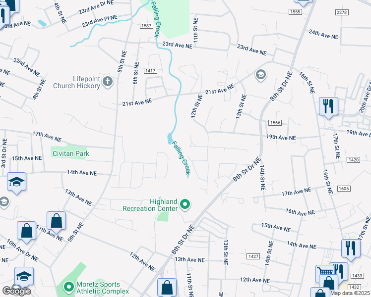 map of restaurants, bars, coffee shops, grocery stores, and more near 1166 18th Avenue Northeast in Hickory