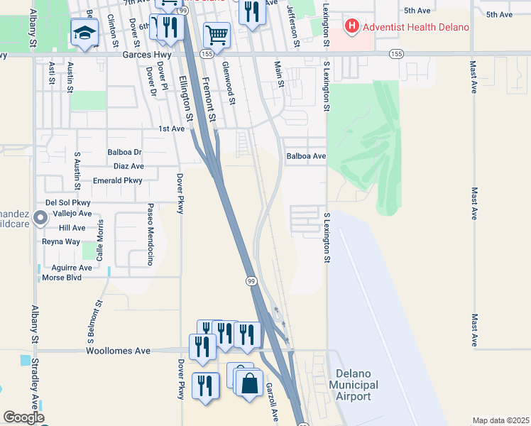 map of restaurants, bars, coffee shops, grocery stores, and more near 141-199 S High St in Delano