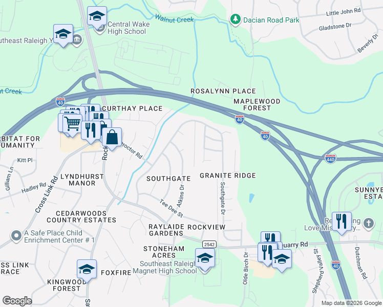 map of restaurants, bars, coffee shops, grocery stores, and more near 1913 Atkins Drive in Raleigh