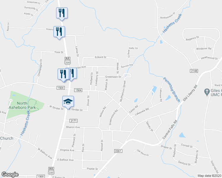 map of restaurants, bars, coffee shops, grocery stores, and more near 2012 Walnut Street in Asheboro