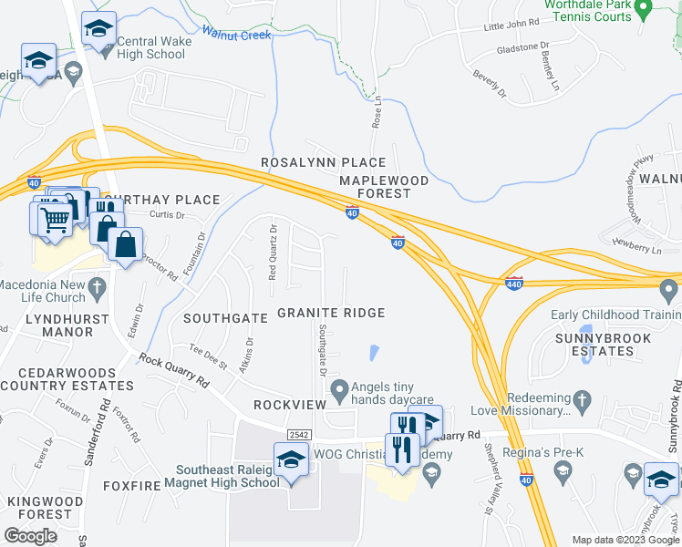 map of restaurants, bars, coffee shops, grocery stores, and more near 2012 Winston Diamond Court in Raleigh