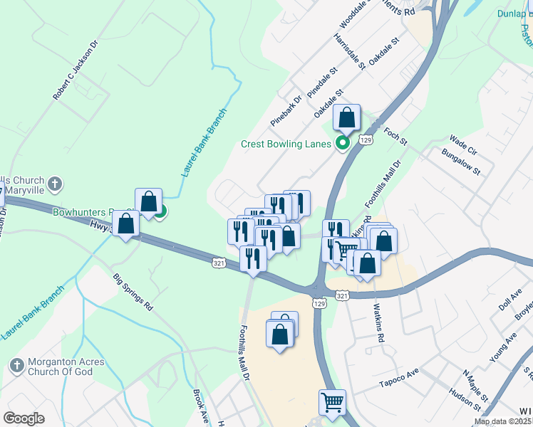 map of restaurants, bars, coffee shops, grocery stores, and more near 719 Casey Lane in Maryville