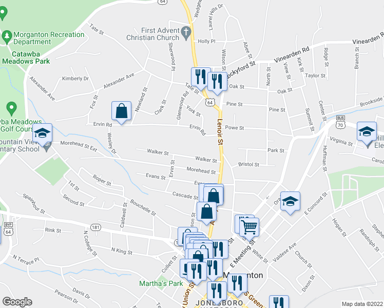map of restaurants, bars, coffee shops, grocery stores, and more near 118 Walker Street in Morganton