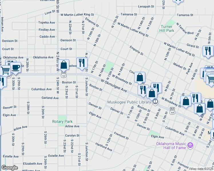 map of restaurants, bars, coffee shops, grocery stores, and more near 1419 West Okmulgee Avenue in Muskogee