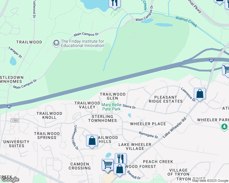 map of restaurants, bars, coffee shops, grocery stores, and more near 2220 Hoot Owl Court in Raleigh