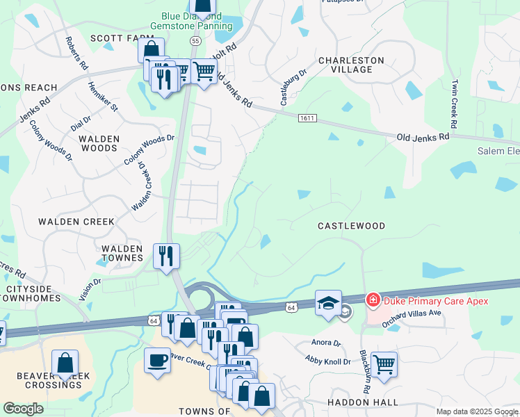 map of restaurants, bars, coffee shops, grocery stores, and more near 745 Orange Oak Lane in Apex