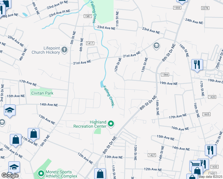 map of restaurants, bars, coffee shops, grocery stores, and more near 1166 18th Avenue Northeast in Hickory