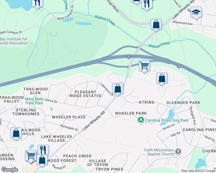 map of restaurants, bars, coffee shops, grocery stores, and more near 2104 Lawrence Drive in Raleigh