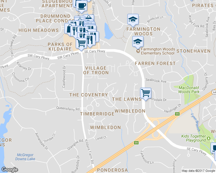 map of restaurants, bars, coffee shops, grocery stores, and more near 199 Connors Circle in Cary