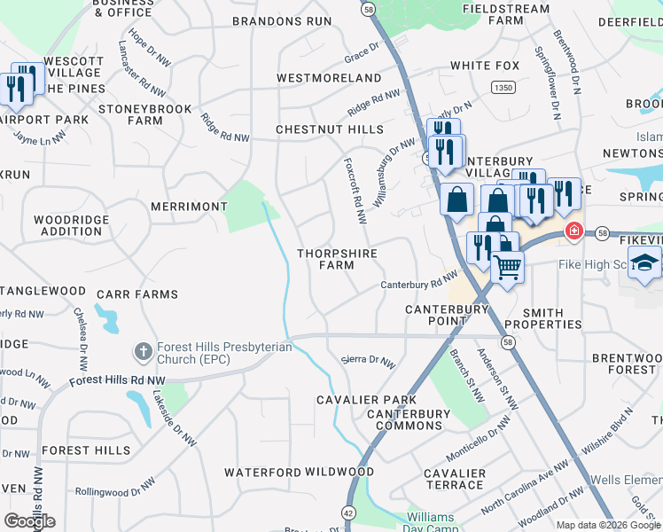 map of restaurants, bars, coffee shops, grocery stores, and more near 2206 Greenwich Lane Northwest in Wilson