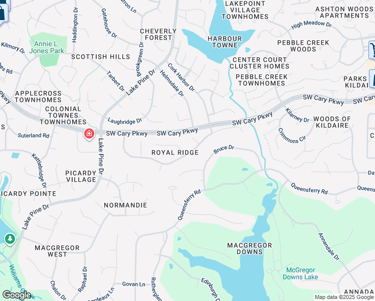 map of restaurants, bars, coffee shops, grocery stores, and more near 100 Prince William Lane in Cary