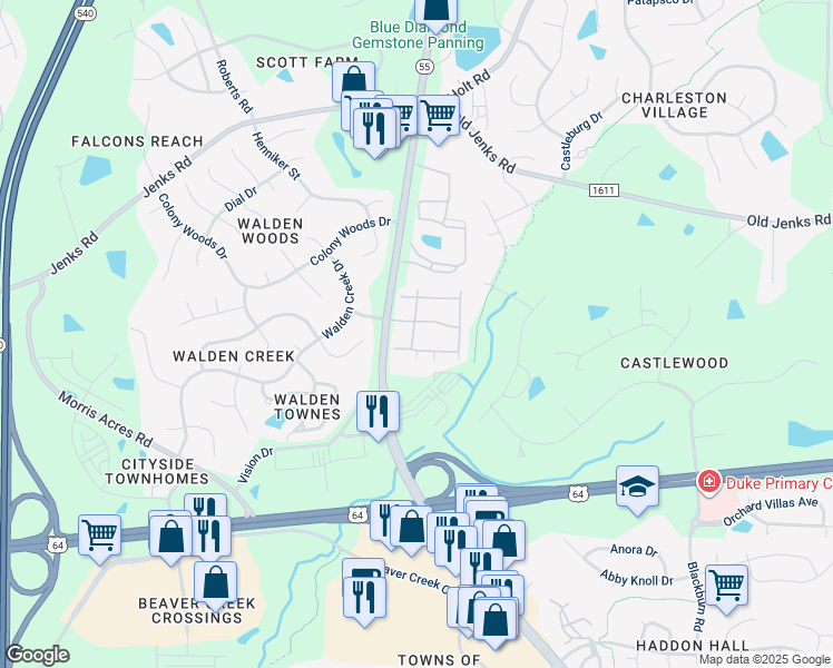 map of restaurants, bars, coffee shops, grocery stores, and more near 201 Fantail Lane in Apex