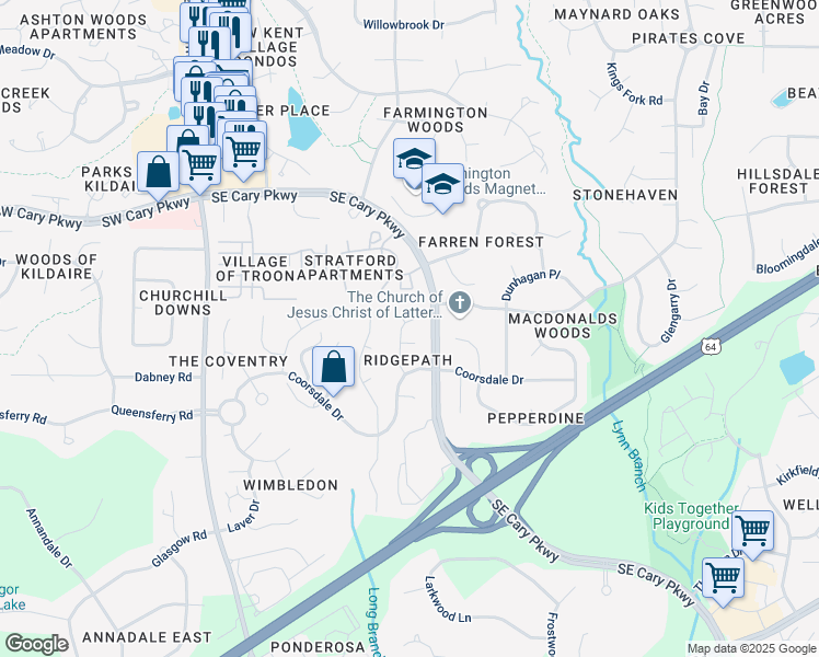 map of restaurants, bars, coffee shops, grocery stores, and more near 115 Ridgepath Way in Cary