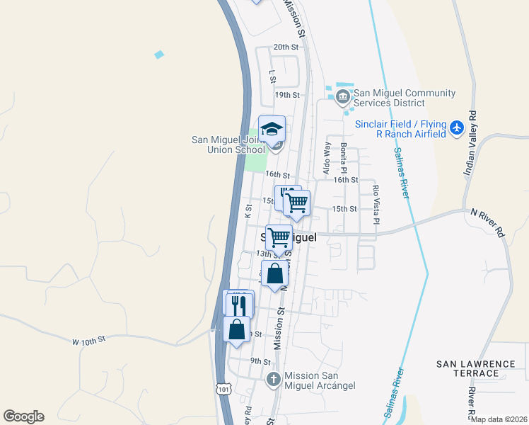 map of restaurants, bars, coffee shops, grocery stores, and more near 1455 L Street in San Miguel
