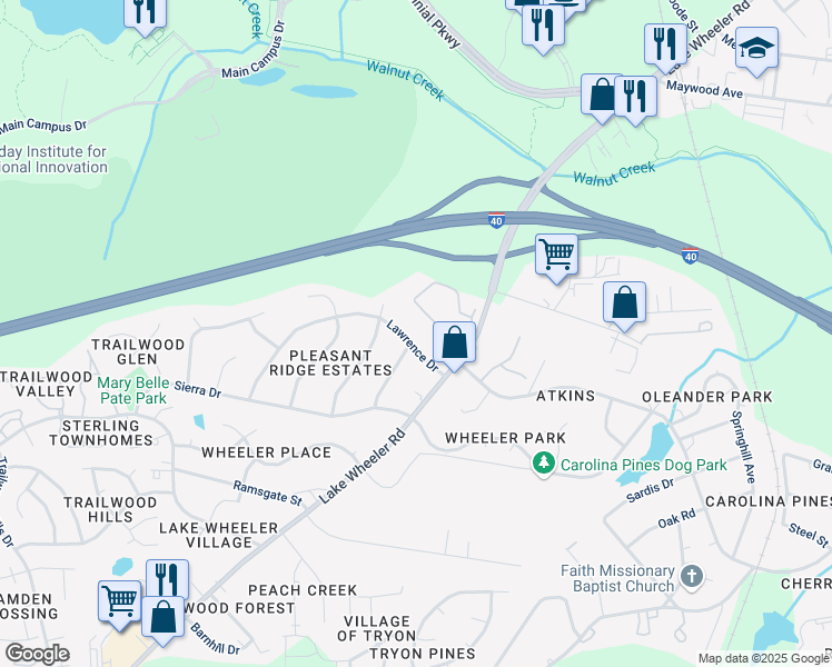 map of restaurants, bars, coffee shops, grocery stores, and more near 2104 Lawrence Drive in Raleigh