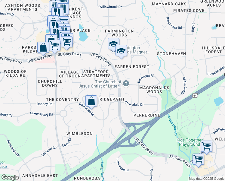 map of restaurants, bars, coffee shops, grocery stores, and more near 115 Ridgepath Way in Cary
