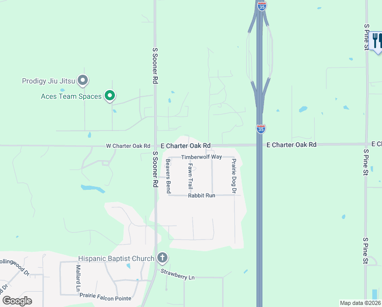 map of restaurants, bars, coffee shops, grocery stores, and more near 4427 Timberwolf Way in Edmond